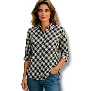 Alia Women’s Roll-Cuff Plaid Button-Up Shirt Lightweight Black/White 20W